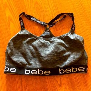 Bebe sports bra spell out logo racer back straps